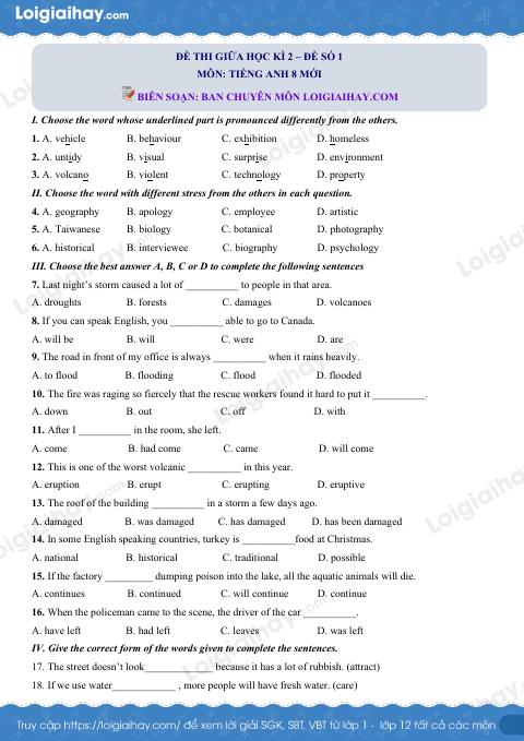 Tổng hợp 5 đề thi giữa học kì 2 Tiếng Anh 8 mới có đáp án